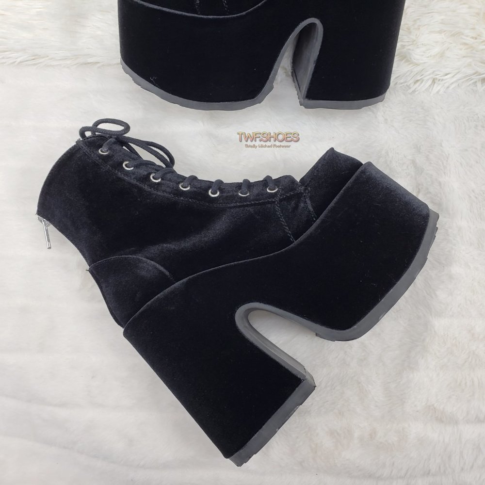 Black Velvet Platform Goth Punk Ankle Boots - Picture 5 of 15
